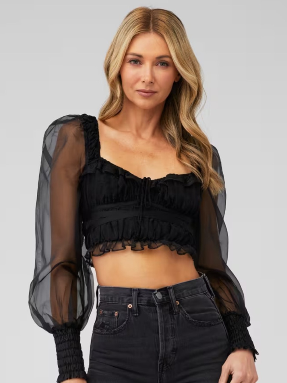 For Love And Lemons Black Sheer-Sleeve Ruched Crop Top